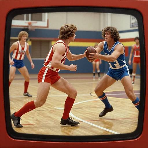 Photograph of two male basketball players in red and blue uniforms, mid-action, in a gym, viewed through a vintage TV frame.