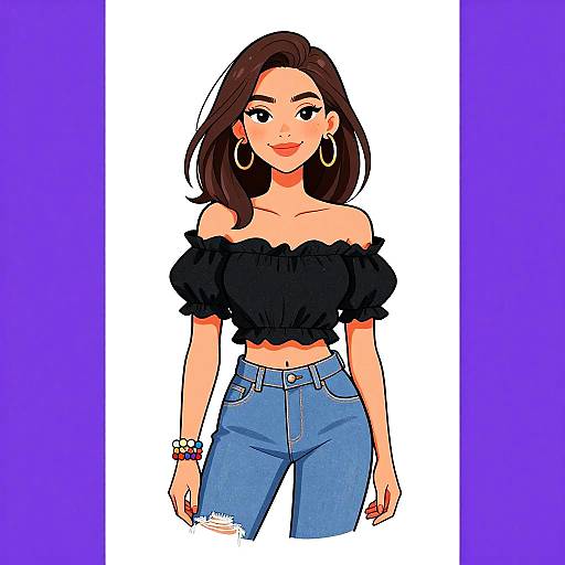 Digital drawing of a smiling, brown-haired woman with hoop earrings, wearing a black off-shoulder top and blue jeans, set against a white and