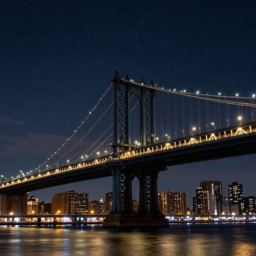 Photograph of a illuminated suspension bridge at night, spanning a reflective river with city skyscrapers and bright lights in the background.
