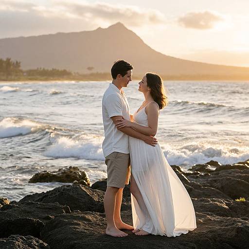 Photograph of a couple embracing on rocky shore at sunset, man in white shirt and khakis, woman in white dress, waves and mountains in background
