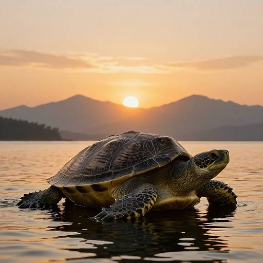 Photograph of a turtle swimming in calm water at sunset, with orange sky, sun behind mountain silhouette, and ripples around turtle.
