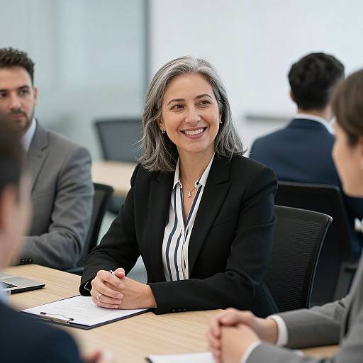 Photograph of a smiling woman with gray hair in a black blazer and white striped shirt, seated at a conference table with colleagues in a bright office