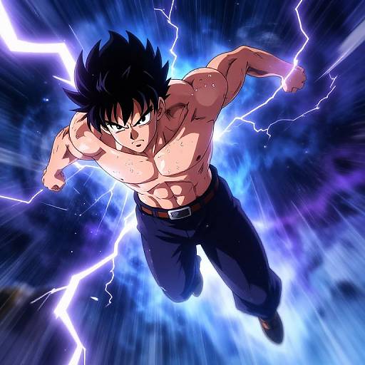 Digital anime drawing of a muscular, shirtless Goku with spiky black hair, lightning bolts, and intense blue energy background.