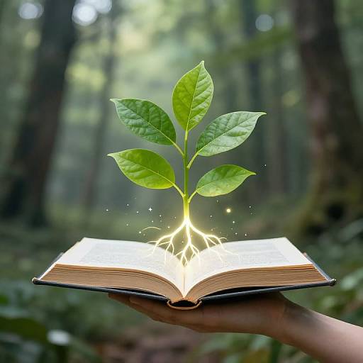 Photograph of a glowing open book with green leaves growing from its pages, held by a hand in a sunlit forest.