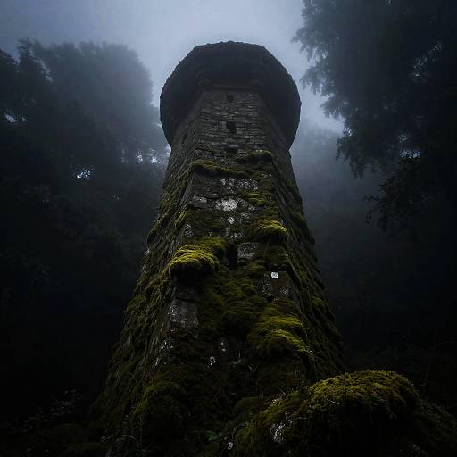 Moss-Covered Tower Shrouded in Mist