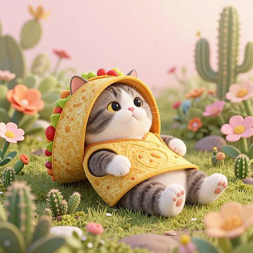 Adorable CGI cat wearing a taco costume with red and green toppings, lying on grassy field with cacti and flowers.