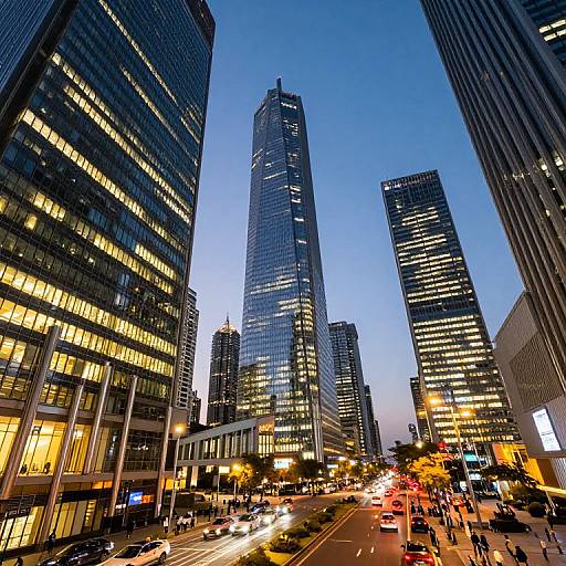 Photograph of a bustling cityscape at dusk, featuring tall illuminated skyscrapers, busy street with red car lights, and pedestrians.