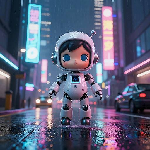 Cute Robot Doll Floating in Neon Cyberpunk City
