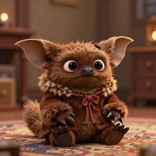 Cute, CGI, brown-furred, big-eyed, fantasy creature with large ears, wearing a brown, fur-trimmed outfit with a red