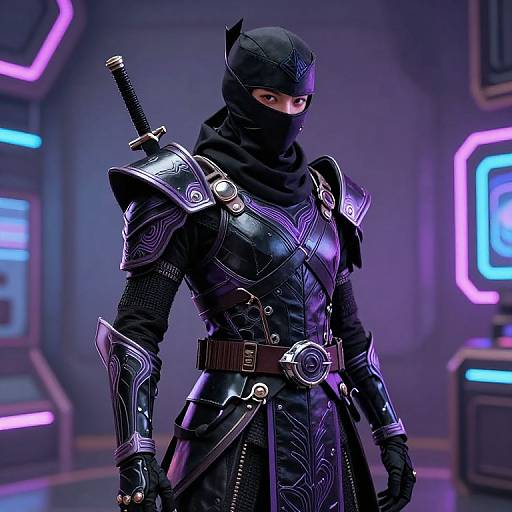 CGI image of a stealthy, masked ninja in black armor with purple neon accents, sheathed sword on back, standing in a futuristic, neon