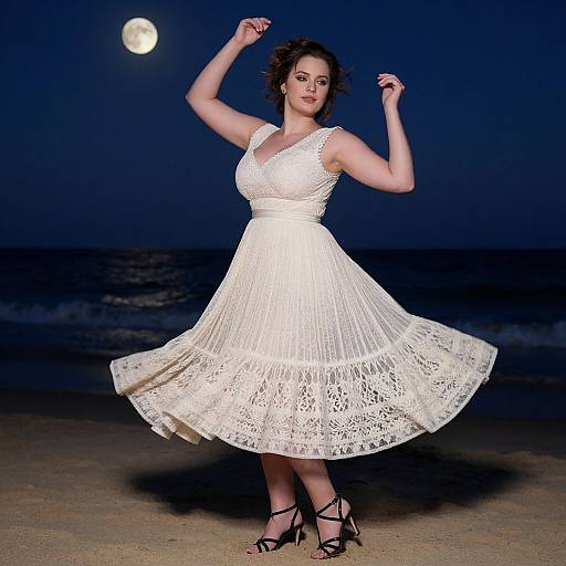 Photograph of a curvy woman in a white lace dress, black strappy heels, moonlit beach background, arms raised, night sky.
