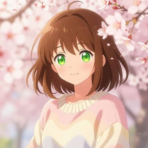 Anime-style digital drawing of a young girl with green eyes, brown bob-cut hair, wearing a white sweater, surrounded by blooming cherry blossoms.