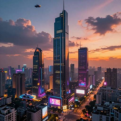 Photograph of a vibrant, neon-lit city skyline at sunset, featuring towering skyscrapers, colorful LED signs, and a helicopter in the sky