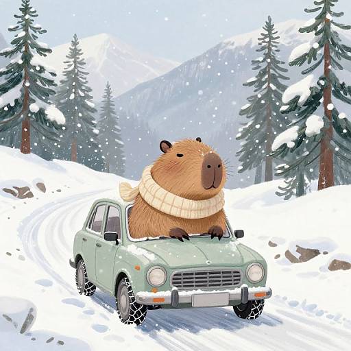 Cartoon beaver in a light green vintage car, wearing a beige scarf, driving through a snowy forest with pine trees. Digital illustration.