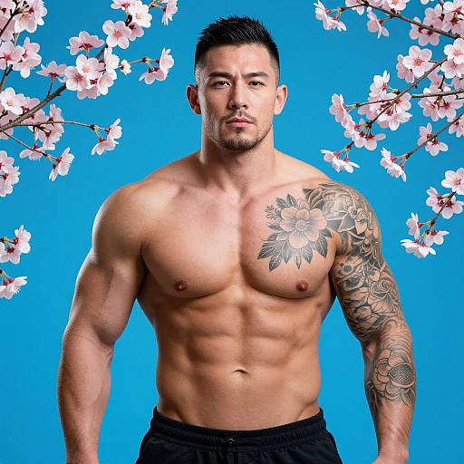 Muscular, tattooed Asian man with short black hair, bare chest, and black pants, stands against a bright blue background with pink cherry blossoms