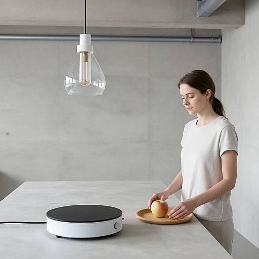 Photograph of a young woman with dark hair, wearing a white t-shirt, placing an apple on a wooden tray over a modern induction cooktop in