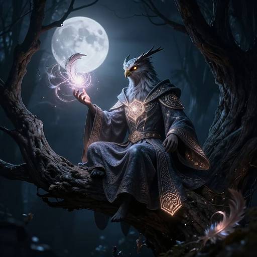 Fantasy digital art: Owlbear-like figure with glowing yellow eyes sits on a gnarled tree, casting a magical spell under a full moon