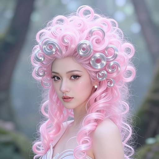 Digital artwork of a fair-skinned, pink-haired woman with glowing, spiral-shaped hair in a forest, wearing a white dress, with soft, eth
