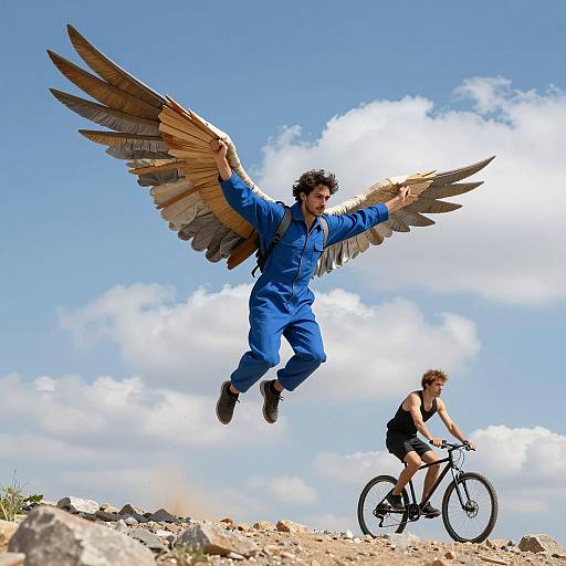 Skyward Leap: Man with Wings and Bicycle