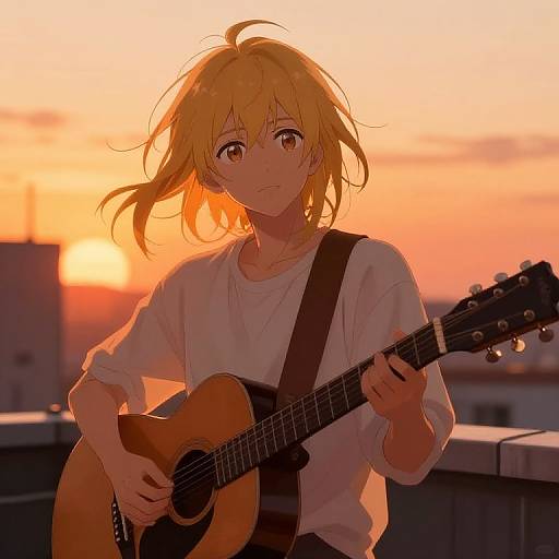 Anime-style digital illustration of a blonde girl with yellow eyes playing an acoustic guitar at sunset, wearing a white shirt, against a vibrant orange sky.