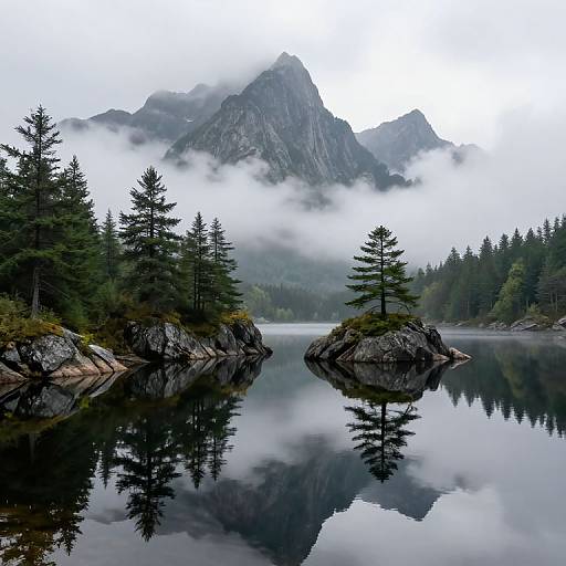 Photograph of a serene mountain lake, reflecting towering, mist-covered peaks and evergreen trees, with calm, mirror-like water. Overcast sky enhances