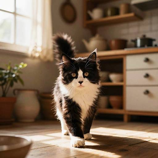 Confident Norwegian Forest Kitten in Rustic Kitchen