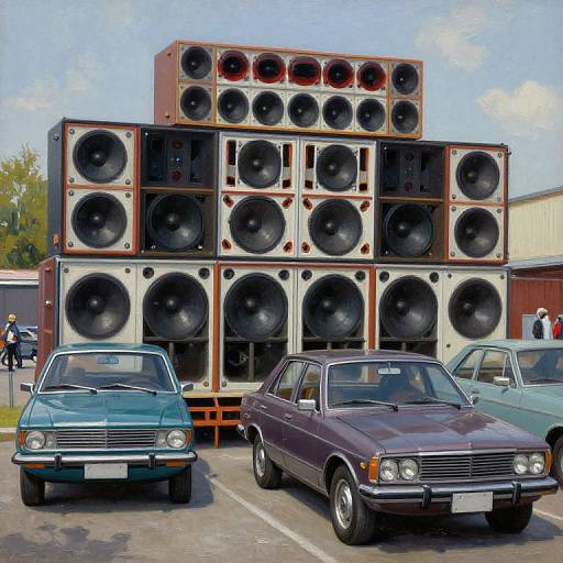 Photograph of a massive, stacked speaker array with 24 large black speakers, flanked by a teal and maroon vintage car. Clear sky,
