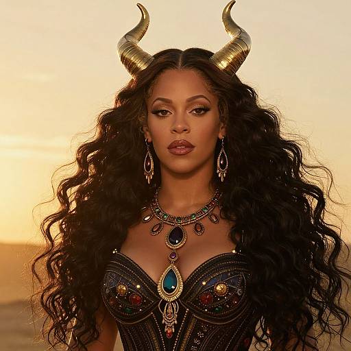 Photograph of a dark-skinned woman with long curly black hair, golden horns, and intricate black and gold strapless dress with gemstones, wearing
