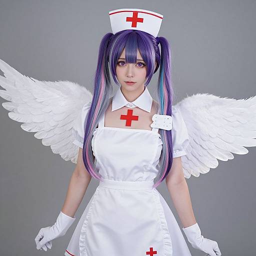Photograph of a woman in a white nurse costume with red cross, white wings, purple and blue pigtails, white gloves, and a nurse