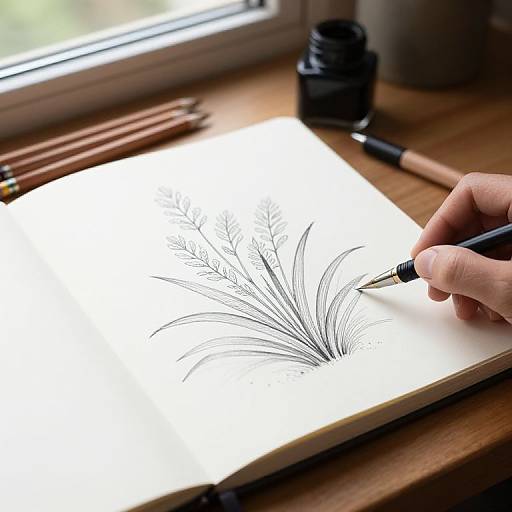 Photograph of a hand drawing delicate black ink lines resembling a feather with a fountain pen on a white sheet, set on a wooden table near a window
