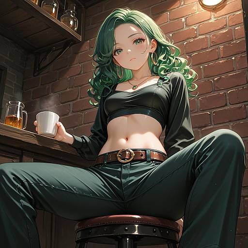 Anime Girl with Green Hair Sitting on Stool