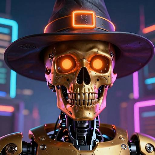 CGI image of a glowing, robotic skull in a black witch hat with neon orange eyes, set against a futuristic, neon-lit cityscape background
