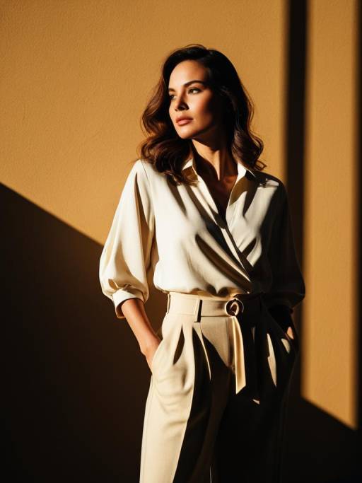 Contemporary Chic Woman in Cream Blouse and Beige Trousers