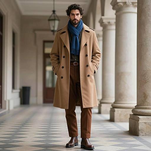 Stylish Man in Tan Coat and Blue Scarf
