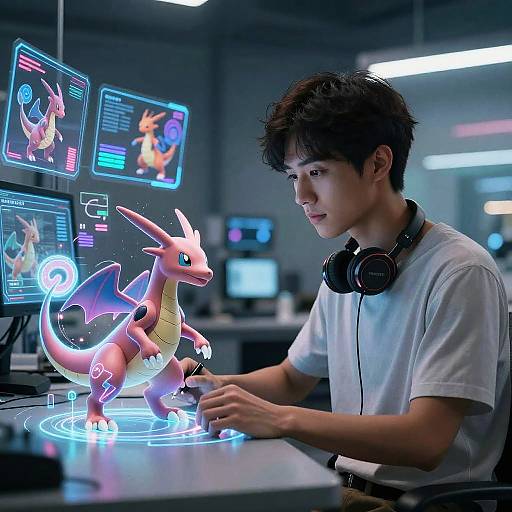Young man with headphones, white t-shirt, focuses on digital screen showing glowing, holographic Charizard in futuristic lab. Neon blue and purple lights illuminate