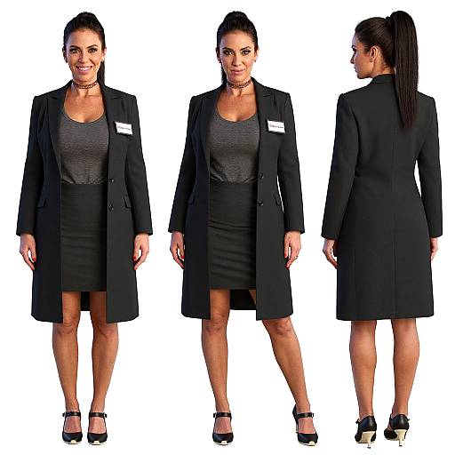 Photograph of a smiling, dark-haired woman in a black blazer, gray top, black skirt, and heels, shown from front, side,