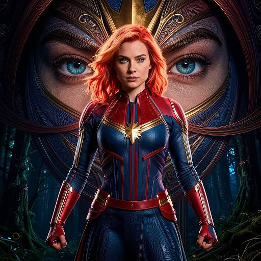 Digital artwork of a fierce red-haired woman in a blue and red superhero suit, standing in a dark forest with intense, glowing blue eyes behind her.