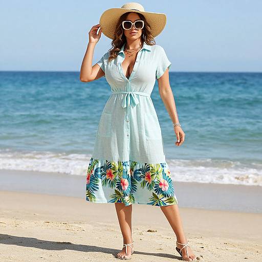 Photograph of a woman in a light blue, floral-patterned dress, white sunhat, and sunglasses, standing on a sunny beach with ocean waves