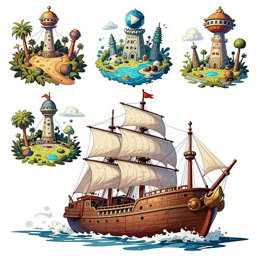 Colorful digital illustration of a wooden pirate ship with white sails sailing near five whimsical island lighthouses with palm trees.