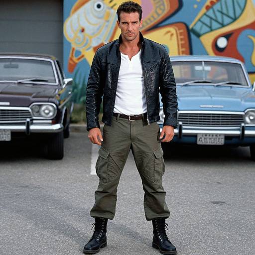 Photograph of a muscular man with short dark hair, wearing a black leather jacket, white shirt, olive cargo pants, and black boots, standing confidently