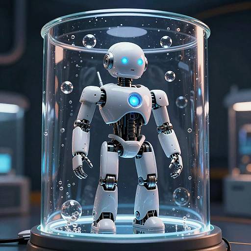 Photorealistic CGI of a white, glowing-blue-eyed robotic figure enclosed in a clear, bubble-filled cylindrical container on a dark, futuristic laboratory table.