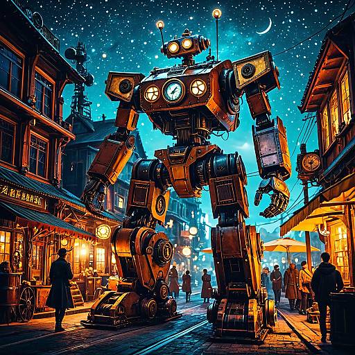 Steampunk Giant Robot in Night Market