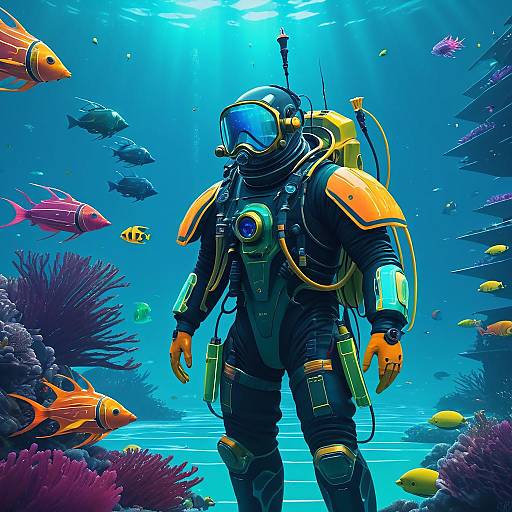 Futuristic Underwater Explorer with Glowing Fish