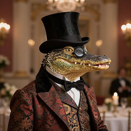 Photograph of an anthropomorphic alligator in a black top hat, round glasses, and ornate red brocade jacket, set in an elegant,