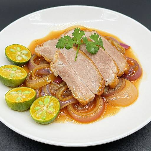 Photograph of a plate with sliced pork, caramelized onions, and lemon wedges, garnished with parsley, on a white plate.