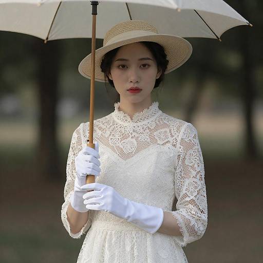 Elegant Woman with Umbrella in Lace Dress