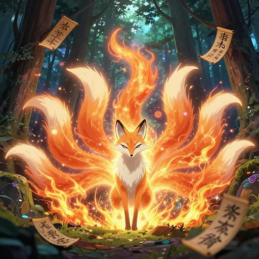 Digital artwork of a fiery, nine-tailed fox with glowing orange flames, standing in a dense forest, surrounded by Japanese scrolls.