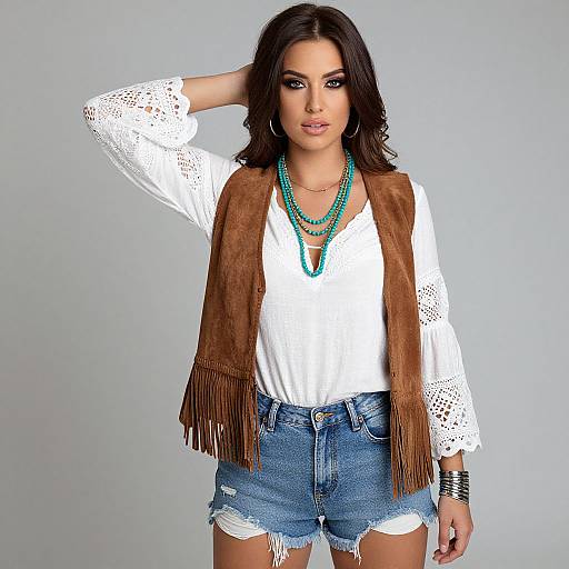 Photograph of a dark-haired woman with medium skin tone, wearing a white lace blouse, brown fringe vest, turquoise necklace, denim shorts, and black