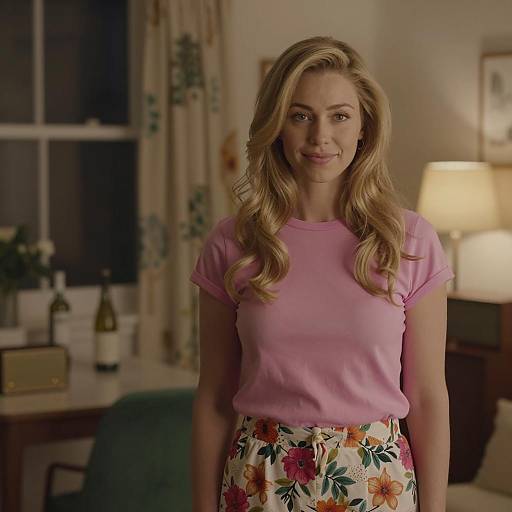 Blonde Woman in Pink T-Shirt and Floral Shorts