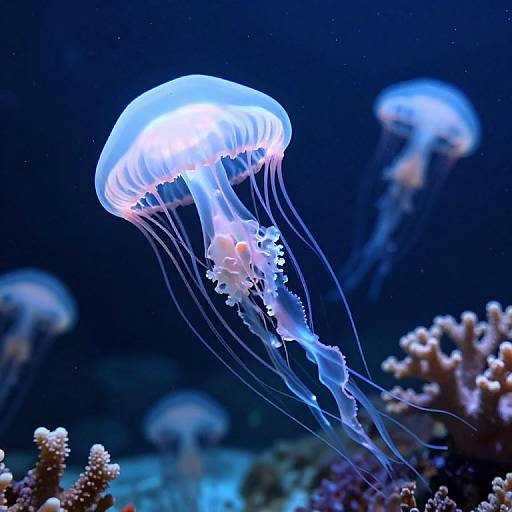 Photograph of glowing blue jellyfish with translucent bodies and flowing tentacles, floating above a coral reef in a dark, underwater environment.
